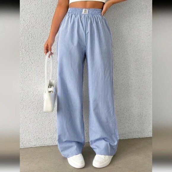 Women's Casual Blue Striped Woven Wide Leg Pants With Loose Fit - Picture 6 of 7